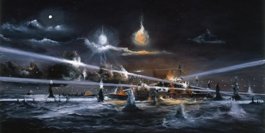 Houston selama Pertempuran Selat Sunda. Courtesy Navy Art Collection.