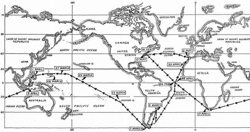Jalur perjalanan keliling dunia bawah ir kapal selam nuklir Amerika USS Triton (SSRN-586)