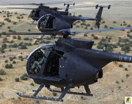 Helikopter ini memiliki jangkauan 250 mil laut tanpa bahan bakar. AH-6 Little Bird Gun, helikopter serang ringan, telah diuji dan terbukti dalam pertempuran. Dipersenjatai dengan senjata, rudal Hellfire, dan FFAR 2,75 inci, helikopter ini memberikan dukungan helikopter bersenjata untuk operasi khusus darat dan udara.